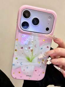 美學可愛花卉亮面雷射手機殼，適用於 iPhone 17ProMax 17Pro 17 16ProMax 16Pro 16 15 14 13 Pro Max，時尚之星軟背蓋禮物 - 粉紅白百合 - 查看 3