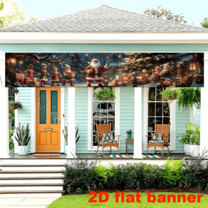 2D Flag Christmas-Themed Banner Background, Featuring Santa Claus With Christmas Elf Elements, Including Christmas Tree, Gift Box, And Winter Snow Scenery Decorative Patterns. No Power Supply Required.