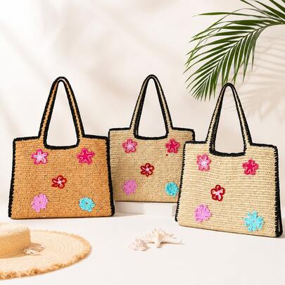 2026 New Floral Straw Woven Handbag For Women, Handmade Large Capacity Shoulder Tote Bag, Beach Bag