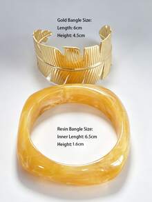 2Pcs Aesthetic Stacking Bracelet Set Marbled Amber Resin Bangle Gold Banana Leaf Open Cuff Bangles Y2K Boho Vacation Outfit Accessories For Women - Alloy Resin Bracelet Set - View 10