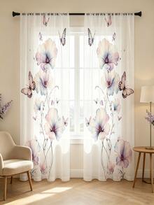 2pcs Digital Printed Sheer Curtains, Watercolor Floral & Butterfly Pattern, Romantic Wedding Style, Suitable For Kitchen, Dining Room, Living Room Decor - Multicolor - View 6
