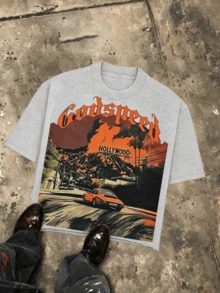 Holly Wood Hills Orange Sunset Distressed Retro Cali Graphic Tee, Oversized 180g Cotton, Vintage Street Summer Top For Men - 灰色 - 查看 17