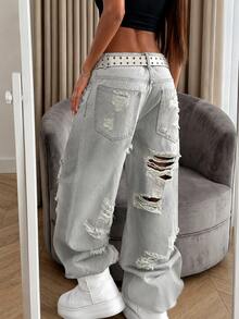 Women's Casual Loose Distressed Straight Leg Jeans, With Pockets And Zipper, Long Non-Stretch Fabric, Suitable For Summer Loose Style - Grey - View 5