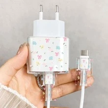 1 Set Pink Cherry Blossom/Tassel Flower/Bow Transparent Charger Protective Case (Compatible With 20W), Compatible With 13/14/15 European Adapter Protective Set 20W Charger With Cable Protective Case Transparent Protective Shell And Cable Protector Cherry Blossom/Tassel Flower Charger Protective Case, Transparent EU Plug Protector, Cable Protector, Charger Accessories - Multicolor - View 13