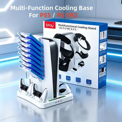 iplay Multi-Functional Cooling Base For PlayStation 5 Disc/Digital Edition, Dual Controller Simultaneous Charging, PSVR2 Headset And Controller Holder, Game Disc Storage With Multiple USB Expansion Ports And Storage Rack