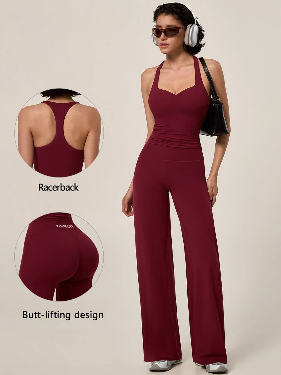 TimeOff Conjunto deportivo de mujer de un solo color con camiseta de tirantes de espalda nadadora con relleno extraíble y pantalones de cintura alta de pierna ancha - Rojo - Ver 1