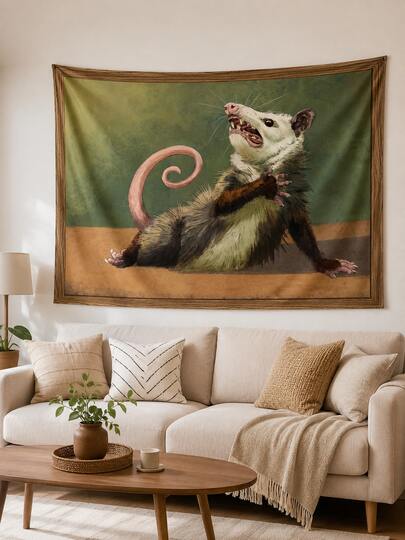 1pc Funny Vintage Opossum Banner, Quirky Animal Oil Painting Style Wall Hanging, Green Wood Grain Frame Print Wall Decor, Wall Art, Suitable For Living Room, Bedroom, Dorm And Farmhouse Style Home Decor