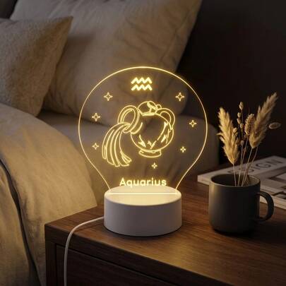 1 đèn ngủ LED acrylic hình cung Bảo Bình, chủ đề chòm sao, ánh sáng ấm, trang trí bàn, dùng nguồn USB, đèn tạo không khí cho phòng ngủ và bàn làm việc, quà sinh nhật cho người yêu thích chiêm tinh và chòm sao
