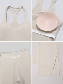 TimeOff Women's One Set Solid Color Racerback Detachable Padded Camisole & High Waist Wide Leg Pants Sports Set - Apricot - View 4