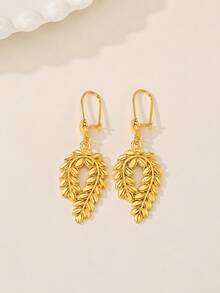 2pcs 24K Gold Plated Bohemian Hollow Leaf Wheat Pattern Water Drop Pendant Earrings For Women, Daily & Vacation Jewelry - Yellow Gold - View 2
