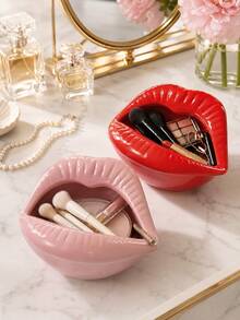 Glossy Red Lips Makeup Organizer, Vanity Storage Bowl For Brushes, Lipsticks, Mascara, Compacts And Beauty Tools; Creative Dressing Table Decor, Desktop Holder And Stylish Unique Gift For Makeup Lovers. - Classic - View 1