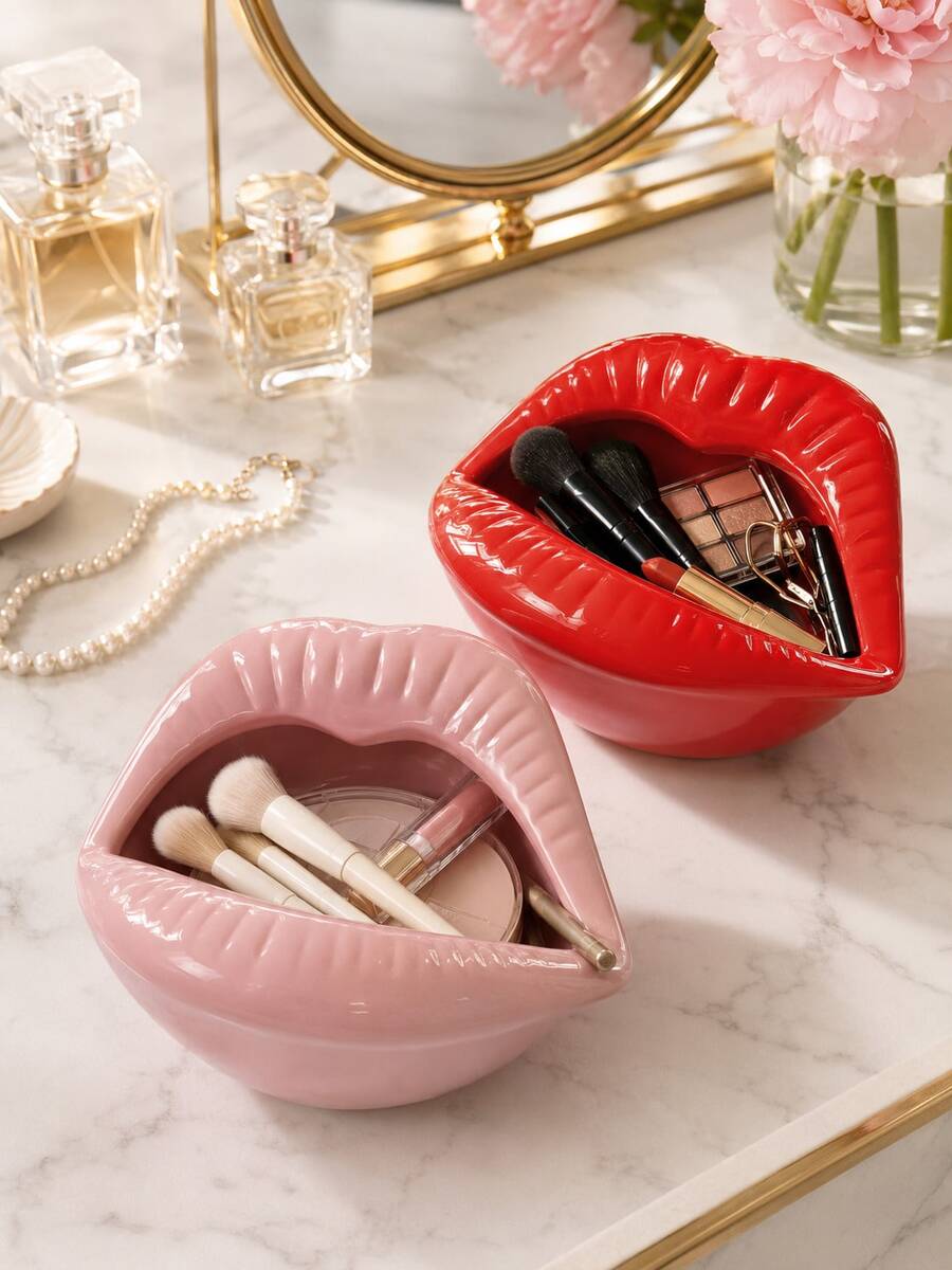 Glossy Red Lips Makeup Organizer, Vanity Storage Bowl For Brushes, Lipsticks, Mascara, Compacts And Beauty Tools; Creative Dressing Table Decor, Desktop Holder And Stylish Unique Gift For Makeup Lovers. - Classic - View 1
