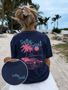 Women's Navy Blue Salty Soul Palm Tree Graphic T-Shirt, Oversized Short Sleeve Tee, Vacation Outfits Women, Back To School Clothes, Fall Casual Top - 藏蓝色 - 查看 1