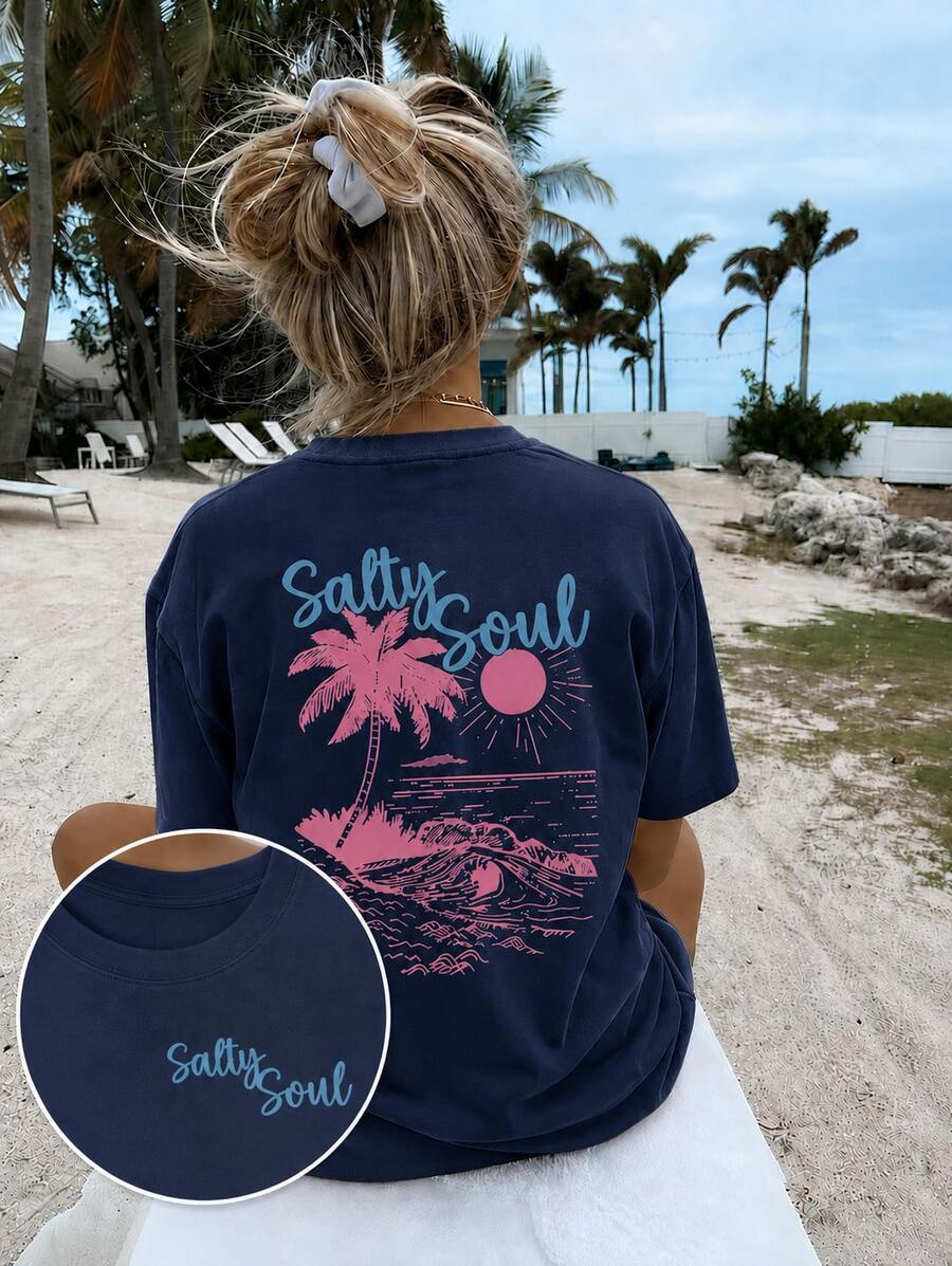 Women's Navy Blue Salty Soul Palm Tree Graphic T-Shirt, Oversized Short Sleeve Tee, Vacation Outfits Women, Back To School Clothes, Fall Casual Top - 藏蓝色 - 查看 1