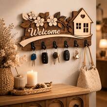 Farmhouse Style Wall-Mounted Multi-Layer Key Rack With Welcome Sign And Hooks, Wooden Key Holder For Entryway And Hallway Storage, Rustic Home Decor Sign For Keys And Mail - C - View 4