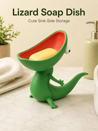 Funny Big Mouth Lizard Soap Dish 4pcs Set Exaggerated Expression Decor, Can Be Used As Bathroom Soap Holder With Drainage Design To Keep Soap Dry, Also Suitable As Desktop Storage/Home Decor, Can Easily Store Paperclips, Earrings