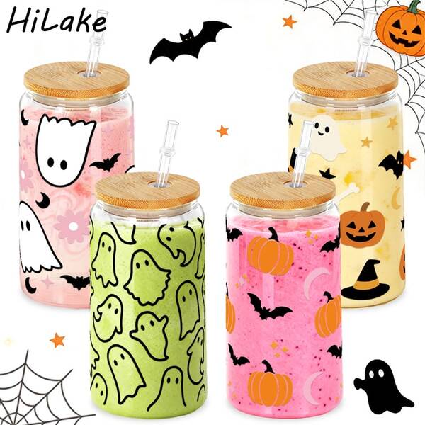 HILAKE 16oz Halloween-Themen Kunststoff Wasserflasche mit Deckel und Strohhalm, leichtes Design, Muster mit Geister-, Fledermaus- und Kürbismustern, geeignet für Sommer-Hydrierung, Outdoor-Party, Strandparty, anwendbar für Kaltgetränke, Smoothies, Limonade, Kaffee, kann als Geschenk und Feierbedarf verwendet werden
