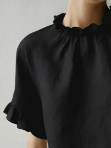 Solid Color Ruffle Trim Short Sleeve Casual Shirt Black Summer - Black - View 4
