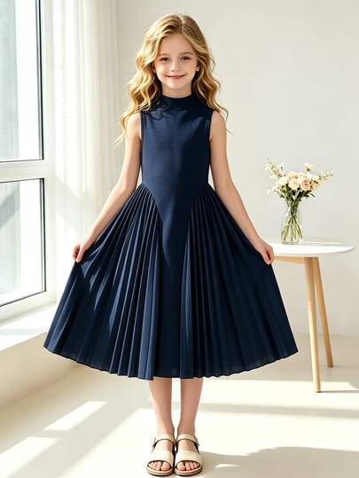 Left Mama Girls' Elegant Stand Collar Sleeveless Pleated Dress, Summer
