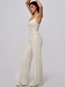 TimeOff Women's One Set Solid Color Racerback Detachable Padded Camisole & High Waist Wide Leg Pants Sports Set - Apricot - View 8