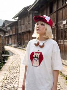 American Letter Graphic Oversized Y2K Casual Tee For Ladies "Apple Cat" Print Daily Short Sleeve Summer Top Fast Local Delivery - 白色 - 查看 2