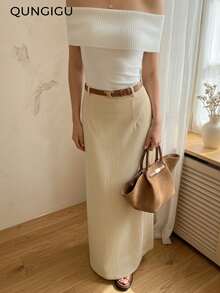QUNGIGU Women's Solid Basic Slit Casual Comfy Stylish High Waist A-Line Long Skirt - Khaki - View 2