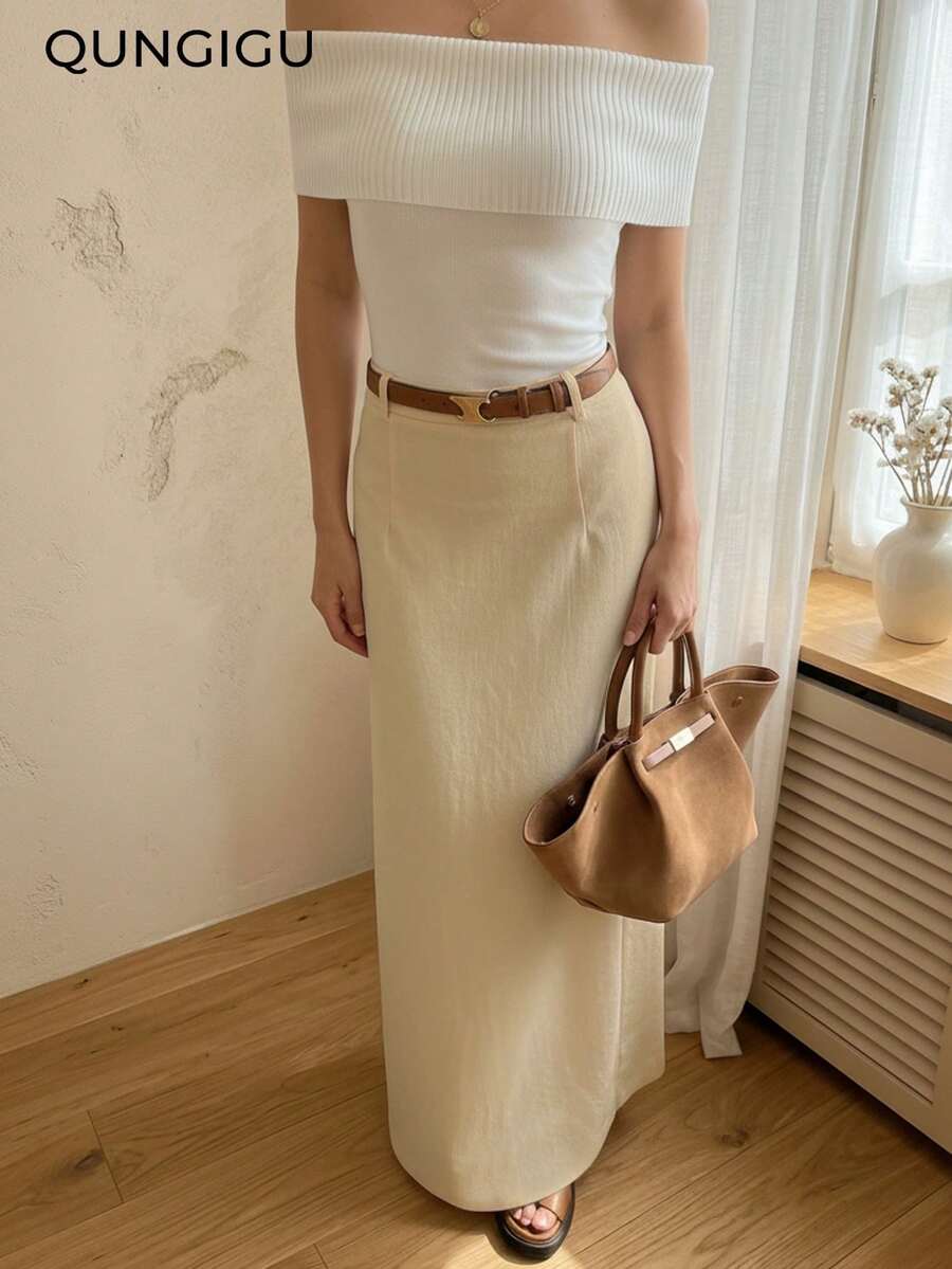 QUNGIGU Women's Solid Basic Slit Casual Comfy Stylish High Waist A-Line Long Skirt