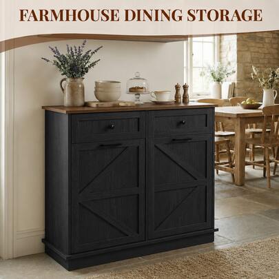 Double Tilt Out Trash Can Cabinet / Farmhouse-Style Kitchen Bin Cabinet / With 2 Storage Drawer / Multi-Functional Design / Suitable For The Kitchen, Bathroom And Living Room