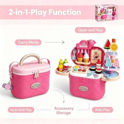 Children's 2-In-1 Dessert Ice Cream Handbag Role Play Toy, Realistic Ice Cream Cake Snack Set, Portable Storage Crossbody Bag Design, Role Play Store Game, Suitable For Boys And Girls Around 3 Years Old, Birthday And Holiday Gift Choice