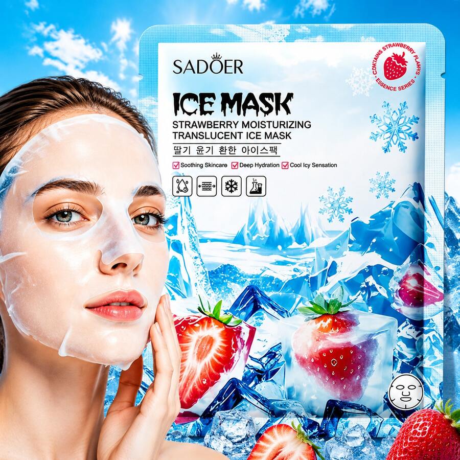 SADOER 1pc Strawberry Cooling Gel Mask, Moisturizing Facial Mask, Suitable For Dry And Dull Skin, Hydrating And Nourishing Formula Helps Replenish Moisture, Refresh Skin, Improve Dullness, Make Face Soft, Smooth And Radiant - Multicolor - View 1