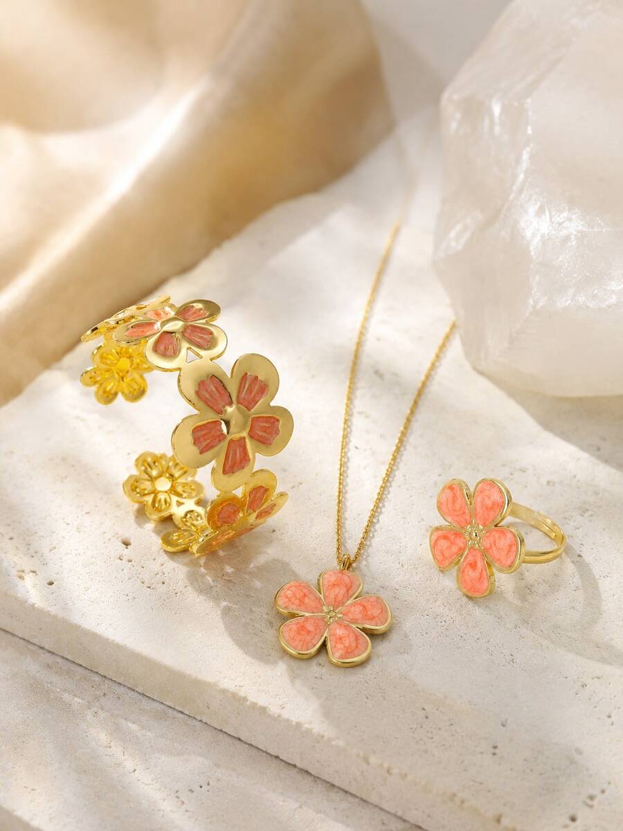 1 Set Elegant Style Enamel Floral Design Stainless Steel Women Jewelry Set Suitable For Date Wear - Yellow Gold - View 1