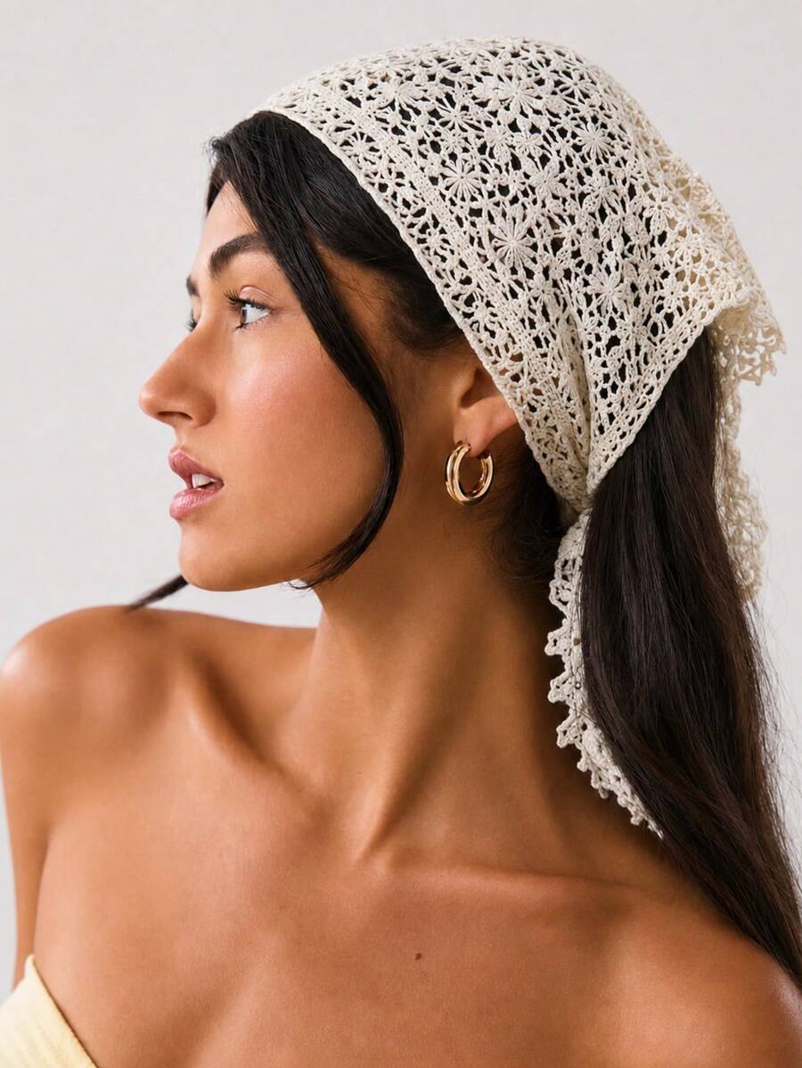 1PC White Lace Headscarf For Women Vintage Crochet Triangle Bandana Floral Hollow Out Hair Kerchief Boho Bridal Hair Accessory - Beige - View 1