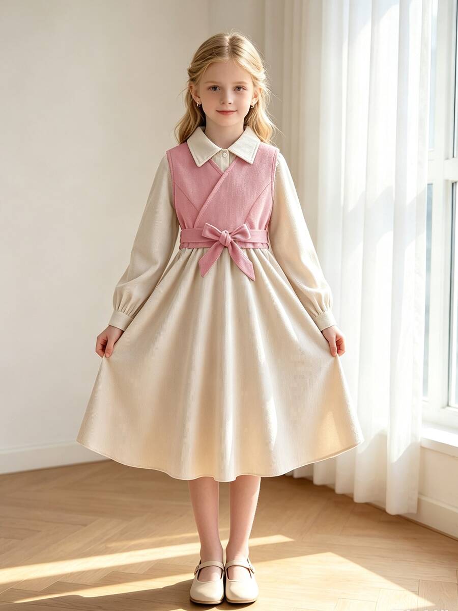 Left Mama Girls Elegant Minimalist Collared Long Sleeve Dress With Vest Top Set, Spring/Autumn - Pink - View 1
