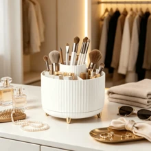1pc 360° Rotating Makeup Brush Holder, Vanity Desktop Storage Set, Includes 5-Compartment Mini Storage Basket, Makeup Brush Lipstick Pen Organizer, Art Office Home Storage Organizer, Room Decor Home Decor Bathroom Accessory - Multicolor - View 6
