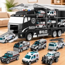 TEMI 兒童玩具車 7合1運輸車玩具，多功能貨櫃卡車與6輛合金小車，互動玩具車，適合3歲及以上兒童，生日與聖誕理想禮物（配件顏色隨機） - 黑色 - 查看 2