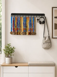 1pc Black Metal Medal Display Rack, Wall-Mounted Medal Hanger With 20 Hooks And Ribbon Storage, Includes Key Hooks, Large Capacity Sports Award Storage Rack, Suitable For Home Gym, Entryway, Bedroom, Back To School Athlete Gift - Black - View 4