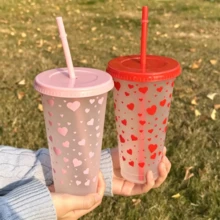 1pc/5pcs, Large Capacity 24oz/720ml Heart Pattern Plastic Cups, Summer Coffee Cups, Juice Cups, Suitable For Parties, Weddings, Events And Holidays, Ideal Gift For Family And Friends - Red - View 1