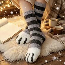 5 Pairs Women's Thick Warm Cat Paw Pattern Socks, Comfortable Breathable Coral Stripe Cute Design Floor Socks, Suitable For Cold Weather - Crew Socks - View 9