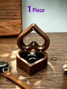 Wooden Jewelry Box, Black Walnut Engagement Ring, Necklace, Earring Storage Box, Vintage - Heart-shaped - White Lining - With Window - View 18