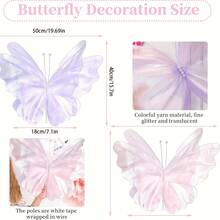 1pc 50cm Silk Artificial Butterfly, 3D Double Layer Mesh Wing Design, Rainbow Organza Pearl Butterfly Decor, Suitable For Birthday Party Decoration, Wedding Decoration, Large Mesh Artificial Butterfly, Store Window Display, Party Background Decoration - Multicolor - View 8
