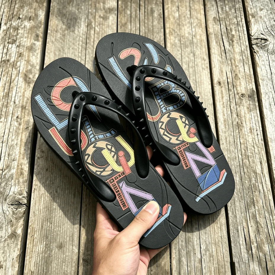 CL"Classic Retro 3D Riveted Red-Bottom Flip-Flops, Couple Beach Flat Toe Sandals, Casual Slip-Resistant Comfortable Flip-Flops - 黑色彩繪 - 查看 1