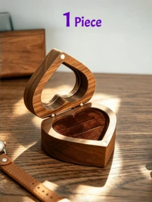 Wooden Jewelry Box, Black Walnut Engagement Ring, Necklace, Earring Storage Box, Vintage - Heart-shaped - White Lining - With Window - View 19