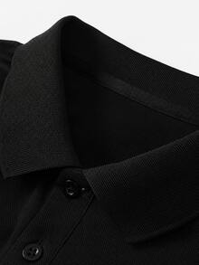 Men's Pure Black Short Sleeve Polo Shirt, Classic Collar Three-Button Placket Casual Top, Suitable For Daily Commute And Business Wear, Men's T-Shirt, Men's Polo Shirt - Black - View 3