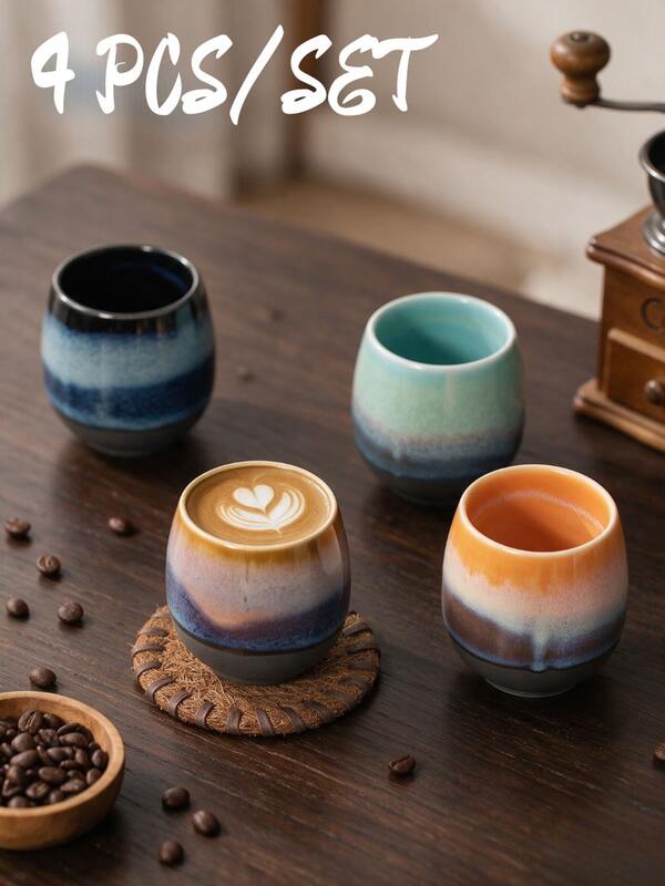 Set da 4 pezzi di tazze da caffè in ceramica smaltata cotte in forno, tazze da espresso con smalto reattivo, tazze da tè piccole in stile giapponese, adatte per latte, caffè americano, microonde e lavastoviglie, stoviglie con colore sfumato unico, adatte per casa, ufficio, caffè