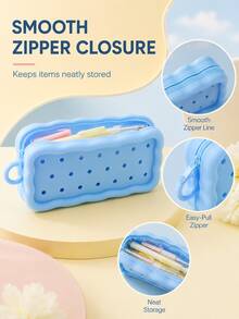 1pc Cute Back To School Pencil Case, Solid Color Perforated Round Holes & Wavy Edge Design, Rectangular Zipper Silicone Pencil Pouch With Carrying Loop, Large Capacity Stationery Storage Bag, Essential For Students Campus And Daily Use - Multicolor - View 8
