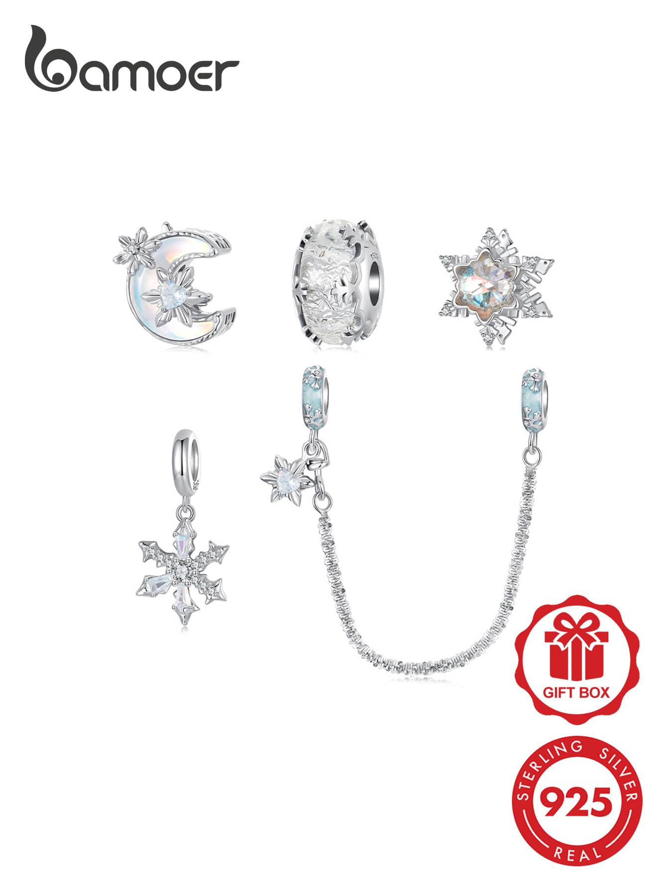 Bamoer Winter Ice Series Silver Charms, Snowflake Iridescent Moon Glass Beads Fit Bracelet DIY Accessories