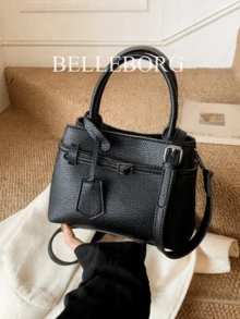 BELLEBORG 女款小方型手提包，撞色拼接設計，復古帆布扣飾，休閒通勤百搭款 - 黑色 - 查看 1