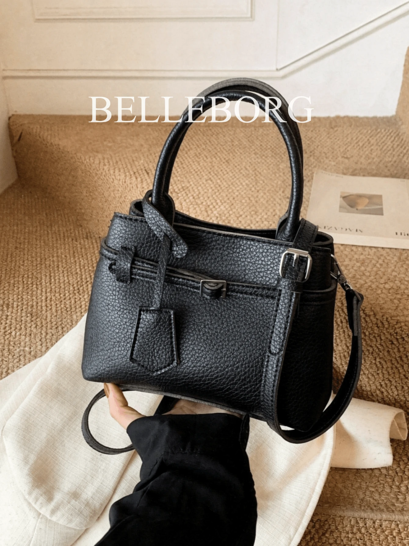 BELLEBORG 女款小方型手提包,撞色拼接設計,復古帆布扣飾,休閒通勤百搭款 - 黑色 - 查看 1
