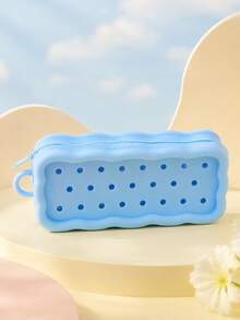 1pc Cute Back To School Pencil Case, Solid Color Perforated Round Holes & Wavy Edge Design, Rectangular Zipper Silicone Pencil Pouch With Carrying Loop, Large Capacity Stationery Storage Bag, Essential For Students Campus And Daily Use - Multicolor - View 9