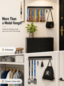 1pc Black Metal Medal Display Rack, Wall-Mounted Medal Hanger With 20 Hooks And Ribbon Storage, Includes Key Hooks, Large Capacity Sports Award Storage Rack, Suitable For Home Gym, Entryway, Bedroom, Back To School Athlete Gift - Black - View 3